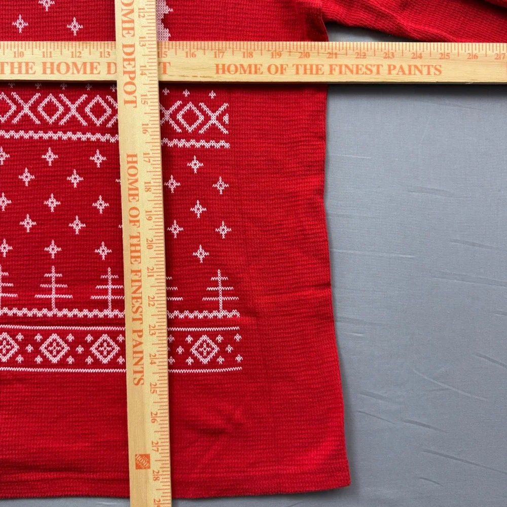 Mens Red Fair Isle Reindeer‎ Waffle Knit Thermal Long Sleeve Shirt Large